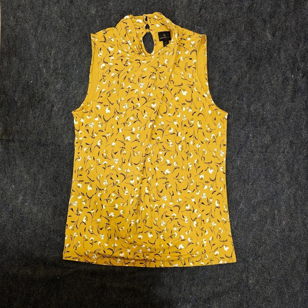 Worthington Womens Yellow Floral Sleeveless Keyhole Neck Blouse Top Size L